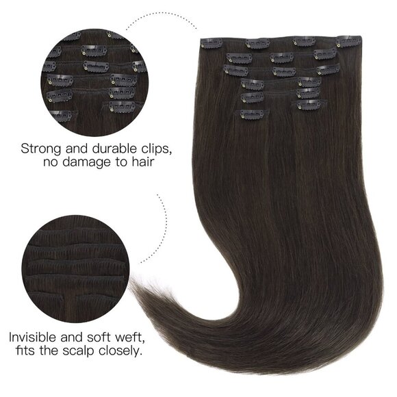 Human Hair Extensions Dark Brown Straight Clip in 14 Inch 7 pcs 120g - Picture 2 of 8